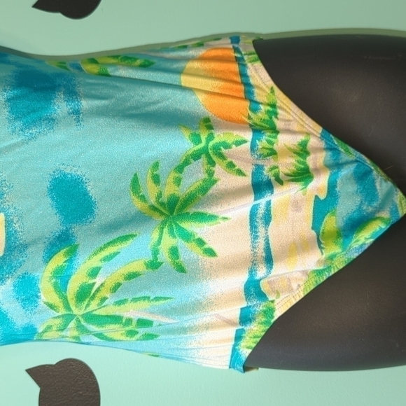 𝅺Vintage 80s Bathing Suit Racerback Tropical Sunset Union Made 14 - Picture 3 of 7